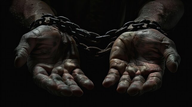 Male hands in chain handcuffs. Independence concept.