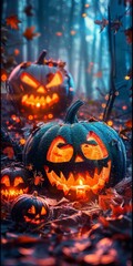 b'Spooky Halloween pumpkins in a dark forest'