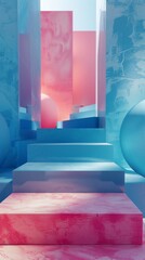 Blue and pink geometric shapes form a surreal dreamscape with stairs and platforms.