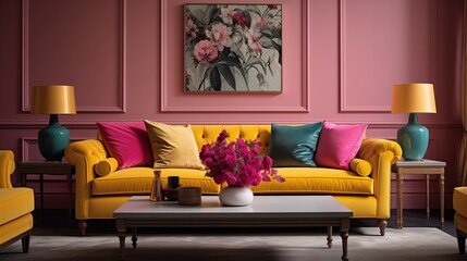 "Elegant Living Room Ambiance with Mustard Sofa and Pink Cushions, Infusing Sophistication and Charm, Captured in High-Definition Detail."