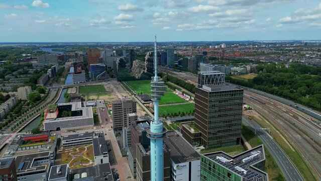Aerial Pan Flying Over Amsterdam Zuidas Financial District