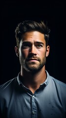 Obraz premium b'Portrait of a handsome young man with dark hair and green eyes wearing a blue shirt'