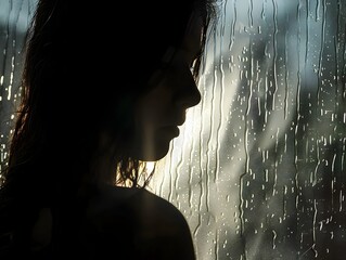 Silhouette of Thoughtful Woman Gazing Through Rainy Window