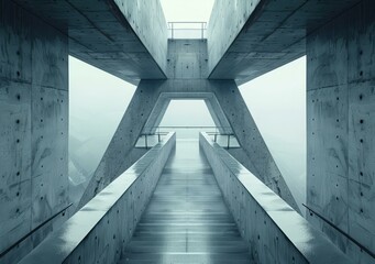 Fototapeta premium b'Futuristic concrete bridge overpass with a foggy mountain landscape in the distance'