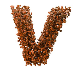 Capital letter V made from coffee beans. Coffee font. Alphabet made from coffee beans. Transparent background.