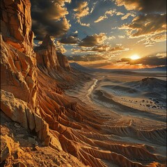 b'A Stunning Landscape of a Canyon with a River and a Setting Sun'