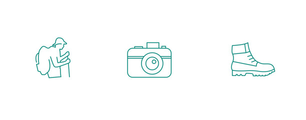 Adventure Capture: Hiker, Camera, and Hiking Boots Vector Icons