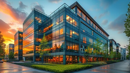 Modern commercial real estate complex at sunrise, showcasing glass facades and landscaped surroundings