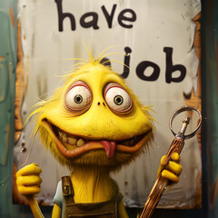Cartoon style handyman with "have a job" sign in the background