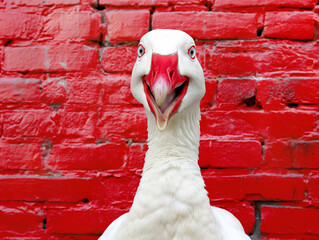 Smiling positive white bird on red brick background