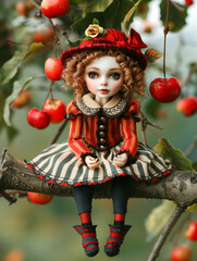 Adorable girl doll sits on a tree with apples