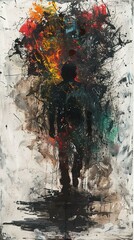 b'Abstract painting of a person walking'