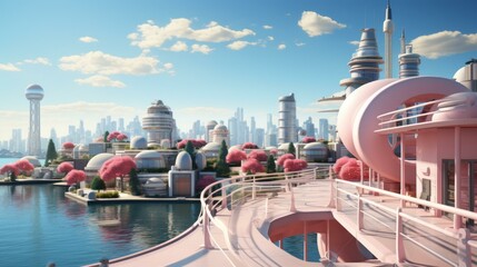 b'futuristic pink city illustration'