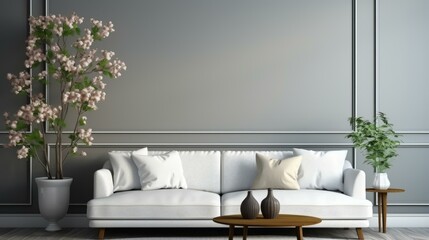 b'3D rendering of a living room with a white sofa, gray walls, and plants'