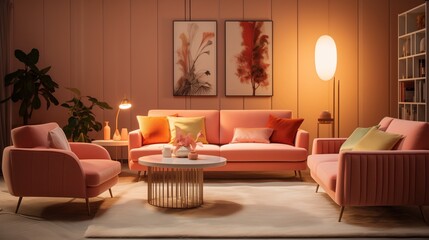 "Elegant Living Room Setting Featuring an Orange Sofa Illuminated with Soft Lighting, Complemented by Pink Cushions for a Chic Contrast, Captured in Crisp HD Clarity."