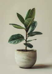 b'A potted ficus plant with green leaves on a solid background'