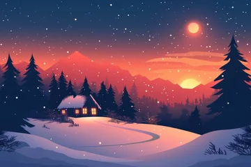 Foto op Plexiglas b'Snowy mountain cabin at sunset' © Adobe Contributor