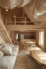 b'Wooden house interior with a living room and a mezzanine'