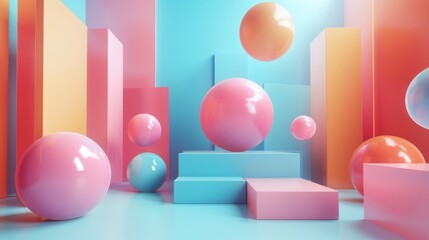 Pink and blue pastel podiums and spheres abstract background
