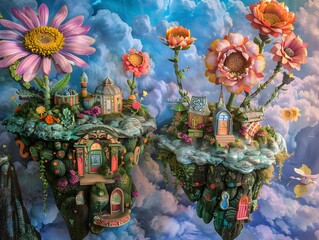 Whimsical Fairytale Landscape with Flowering Cottage Castle and Clouds