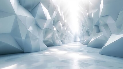 Futuristic Sci-Fi Ice Cave Corridor With Bright Light At The End Of The Tunnel - obrazy, fototapety, plakaty
