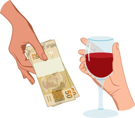 Uma imagem evocativa que captura a essência da economia e da cultura do Brasil, apresentando o vibrante real brasileiro ao lado de uma clássica taça de vinho tinto rico