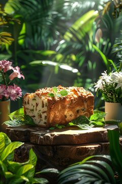 b'Close up of a delicious cake in the middle of the jungle'