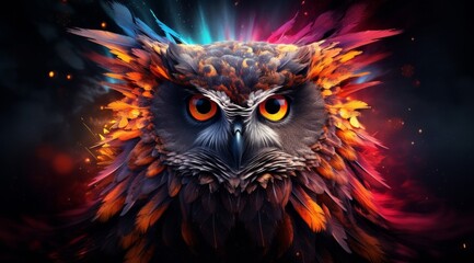 artistry and nature in a painted owl masterpiece, where vibrant splashes of paint converge to form a captivating portrayal of this nocturnal creature amidst a colorful realm.