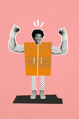 Vertical photo collage of happy american guy show hands muscular biceps instead body closet sport...