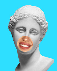 Female plaster statue bust with female mouth photo element, smiling, on blue background. Modern design. Contemporary colorful art collage. Antique beauty. Concept of creative vision, emotions.