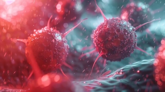 Macro image of molecular cancer cells dividing the spread on a 3D microbiology microscop