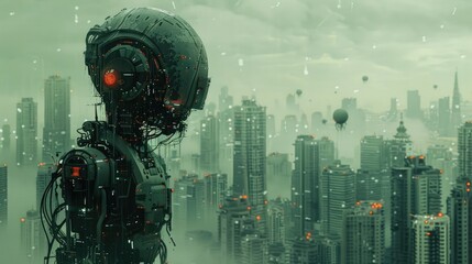 Cybernetic Organism Explores Dystopian Metropolis at Dusk - obrazy, fototapety, plakaty
