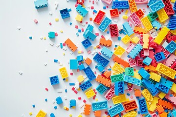 Fototapeta na wymiar assorted colorful toy building bricks scattered on white top view