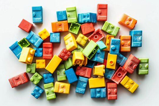 assorted colorful toy building bricks scattered on white top view
