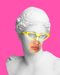 Female antique statue bust with female mouth photo elements on pink background. Feeling bored. Modern design. Contemporary colorful art collage. Concept of creative vision, emotions.