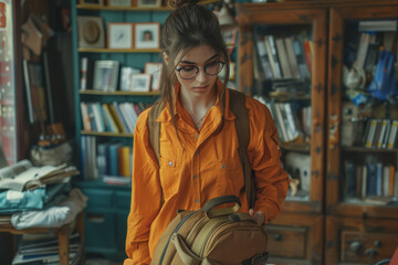 A beautiful girl with glasses in an office shirt collects a backpack in the living room, copy space