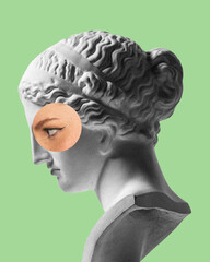 Profile of antique statue bust with human eye photo element on green background. Modern design. Contemporary colorful art collage. Intense look. Concept of creative vision, emotions.