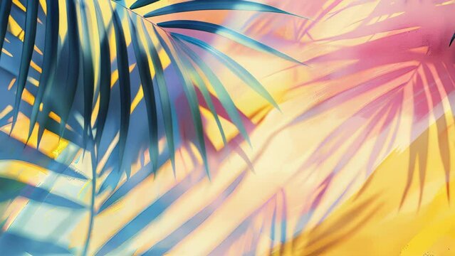 trendy summer Bali style floral patter background , colorful leaves palm shape art video wallpaper. Summer colors botanical tropical leaves ,sun light and shadows, pink, yellow leaf 