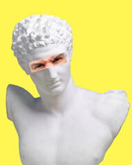 Antique statue bust with male angry eyes photo element on yellow background. Suspicious look. Modern design. Contemporary colorful art collage. Concept of creative vision, emotions. - obrazy, fototapety, plakaty