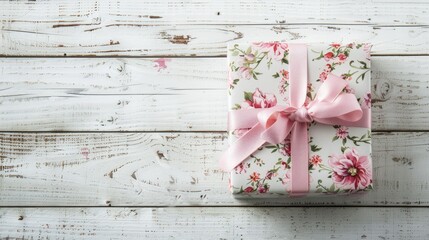 A charming floral patterned gift box is elegantly tied with a pink ribbon resting on a pristine white wooden backdrop offering ample space for customization