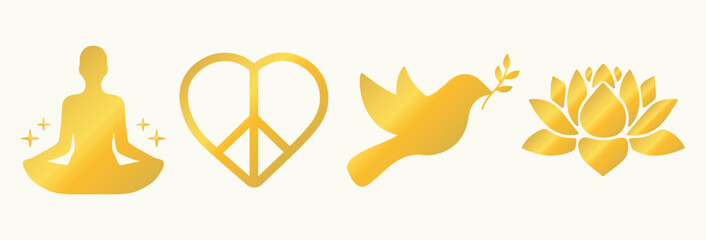 Peace, love, heart, mental health, consciousness, flower. Yoga, care, mind, happy, health, well-being, body, human. Flight, freedom, bird. Icon, symbol, vector