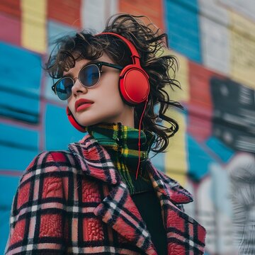 Confident Gen Z Trendsetter Embracing Urban Chic Fashion with Checkered Coat and Red Headphones