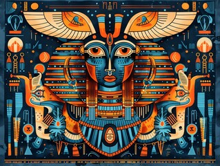 Ancient Egyptian Mural A Symmetrical Gouache Artwork Adorned with Cultural Patterns