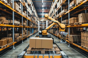 autonomous efficiency robotic arms moving goods in modern warehouse facility industry concept