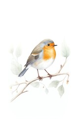 Robin , Cheerful robin on a snowy branch with soft grey tones