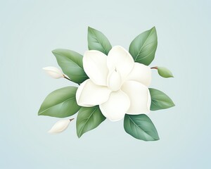 Gardenia , White gardenias with deep green leaves on a pale blue background