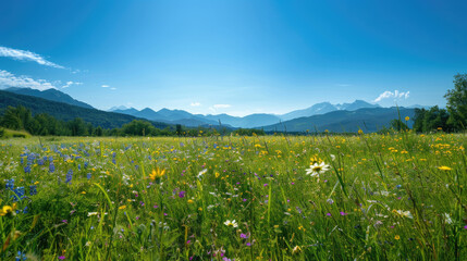 A peaceful meadow filled with wildflowers under a bright blue summer sky with mountains in the distance