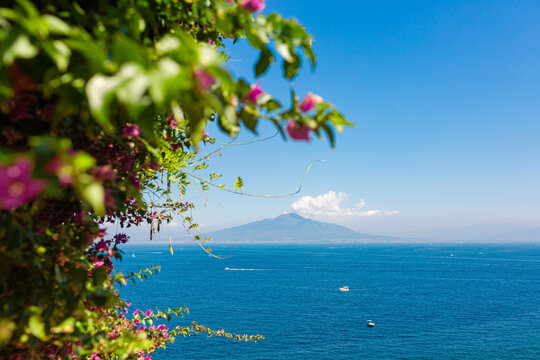 Sorrento, Italy - August 15th, 2023. View on Mount Vesuvius from Coastline view of Sorrento, sea, Gulf of Naples, Italy.