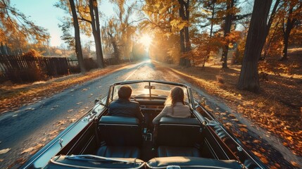 Young couple going on vacation trip using old classic cabriolet car on asphalt road during autumn warm light afternoon.
