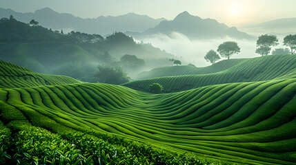 Dawn's Gentle Embrace on the Green Tea Escarpments, Generative AI
